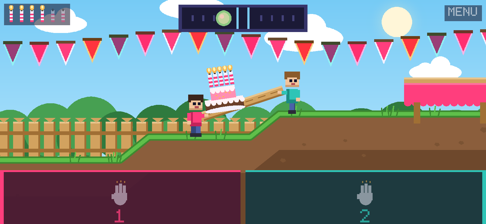 Cake Carry &mdash; one player has climbed a step and the cake is sliding down the tilted plank