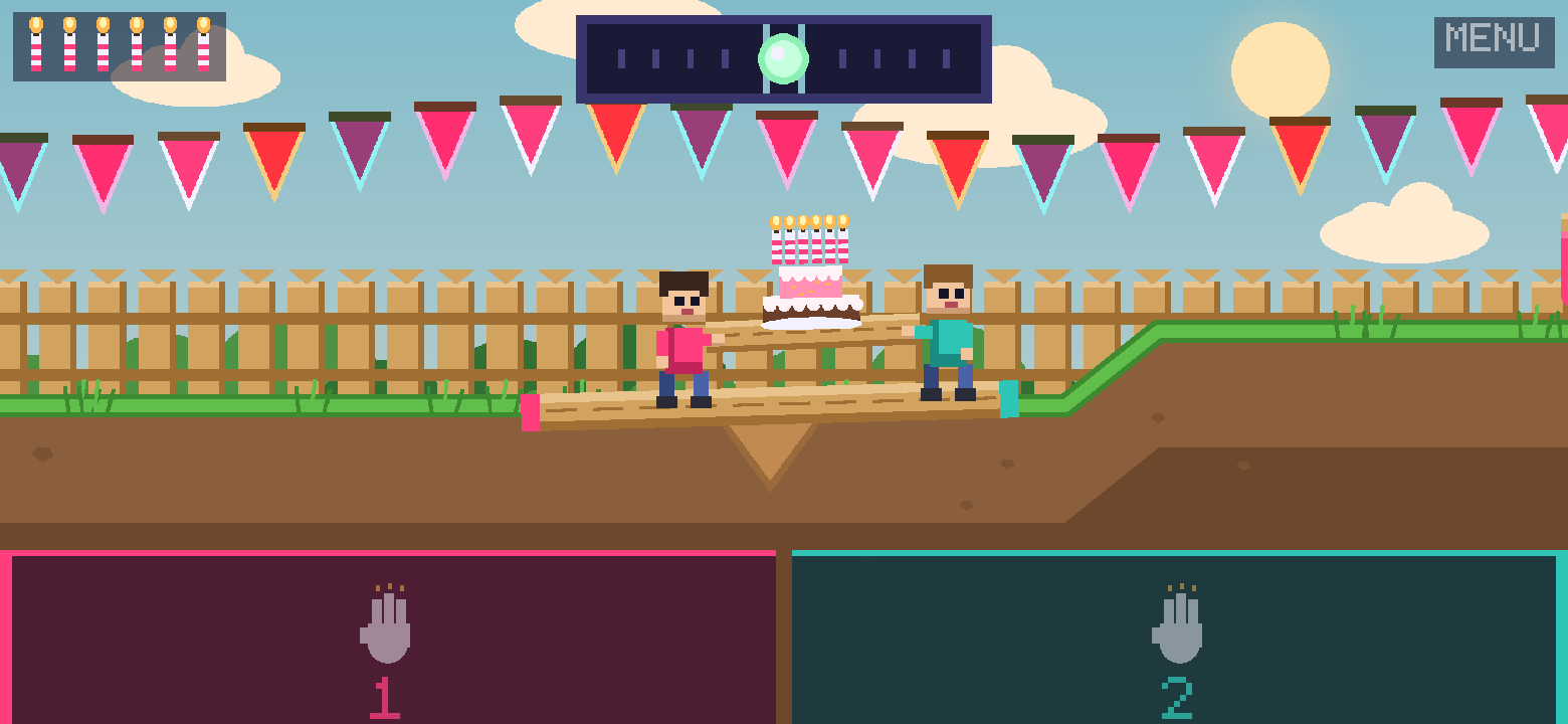 Cake Carry &mdash; both players balanced on the seesaw plank